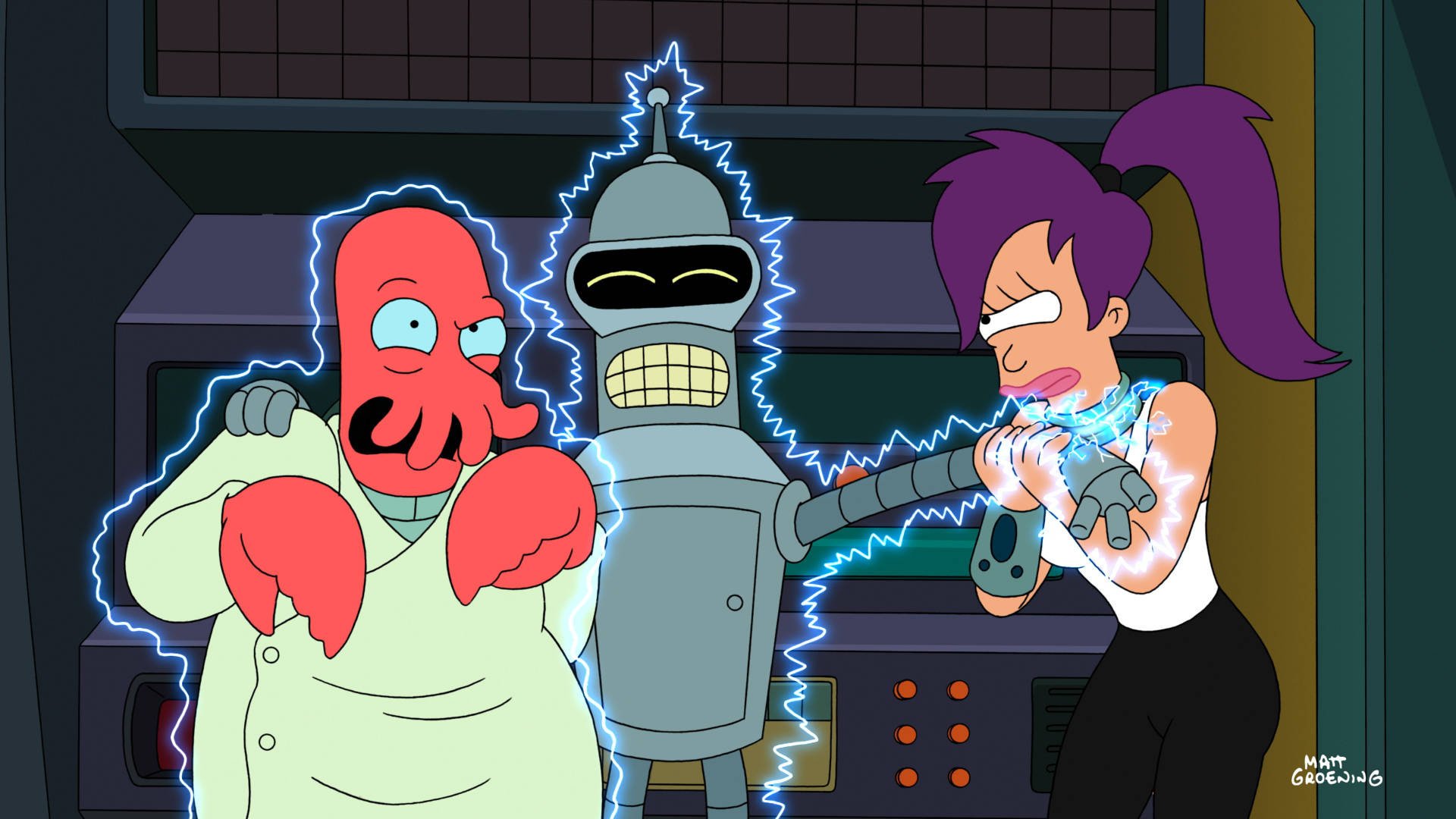 futurama zoidberg arzt bender lila strom schlag cartoon