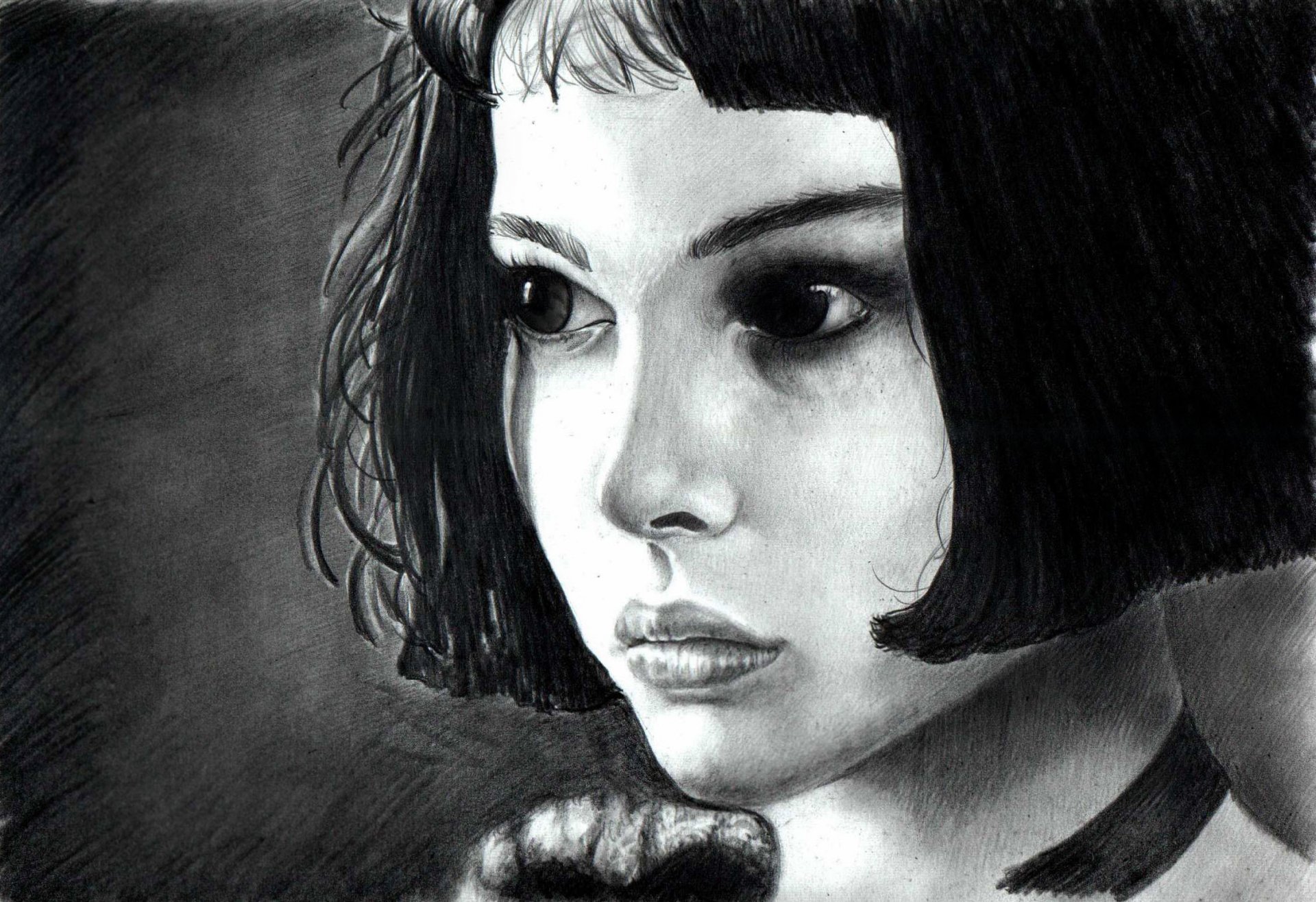 león natalie portman dibujo chica matilda blanco y negro pelo mirada ojos actriz retrato