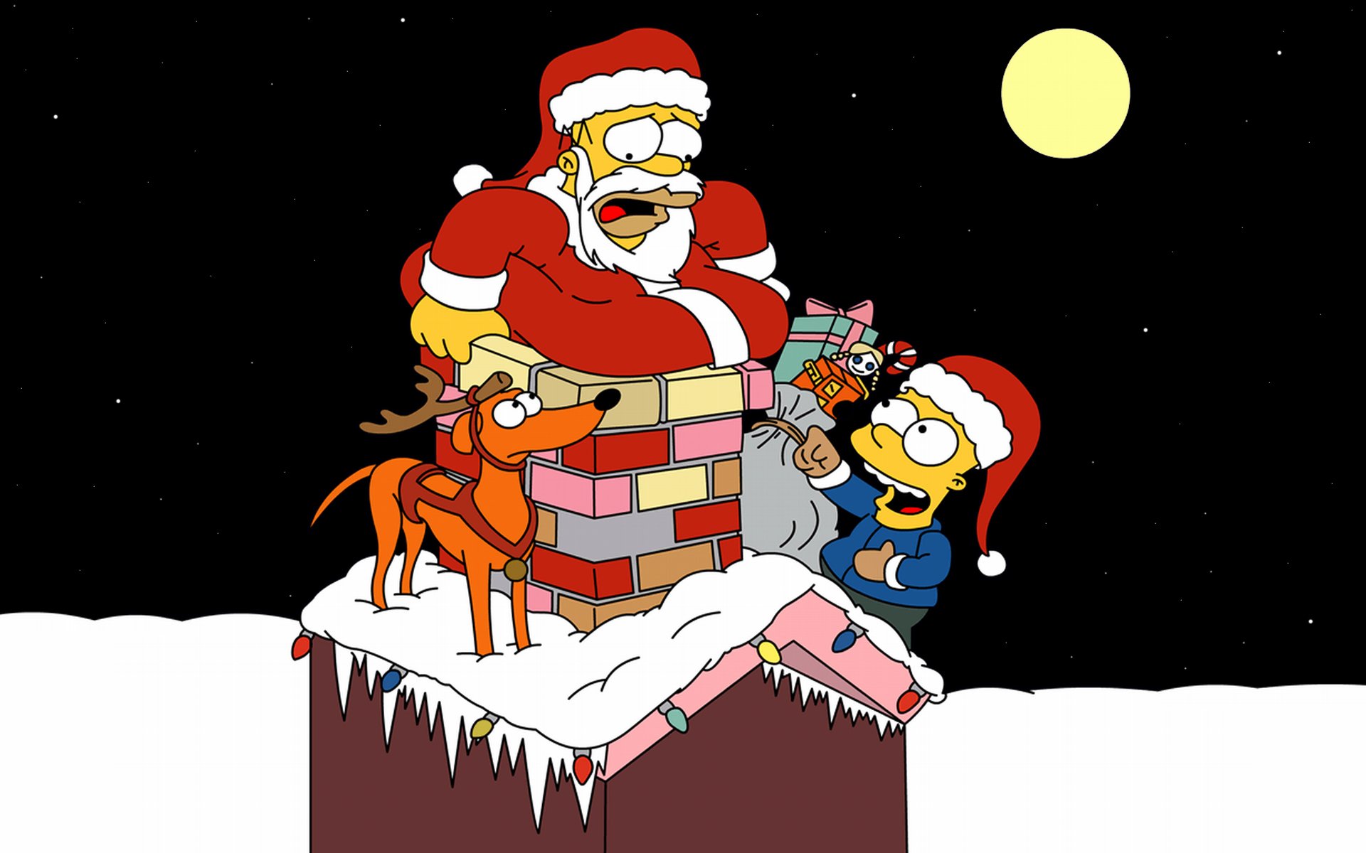 simpsons homer simpson bart weihnachten homer hund trompete situation neues jahr sankt girlanden schnee winter mond sterne eiszapfen geschenke tasche hirsch hörner schnurrbart bart anzug bauch weihnachtsmann nacht urlaub stimmung ho