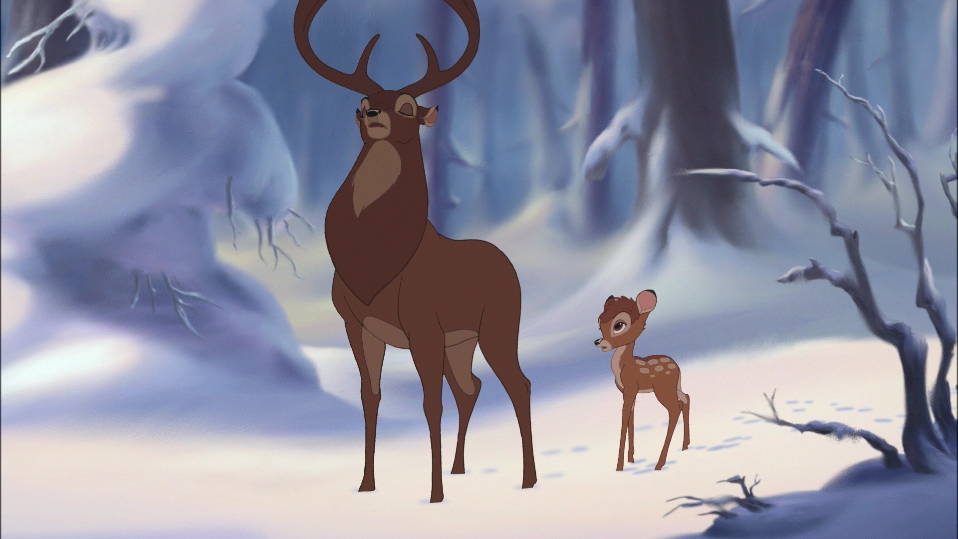 cartoon bambi forest winter snow reindeer