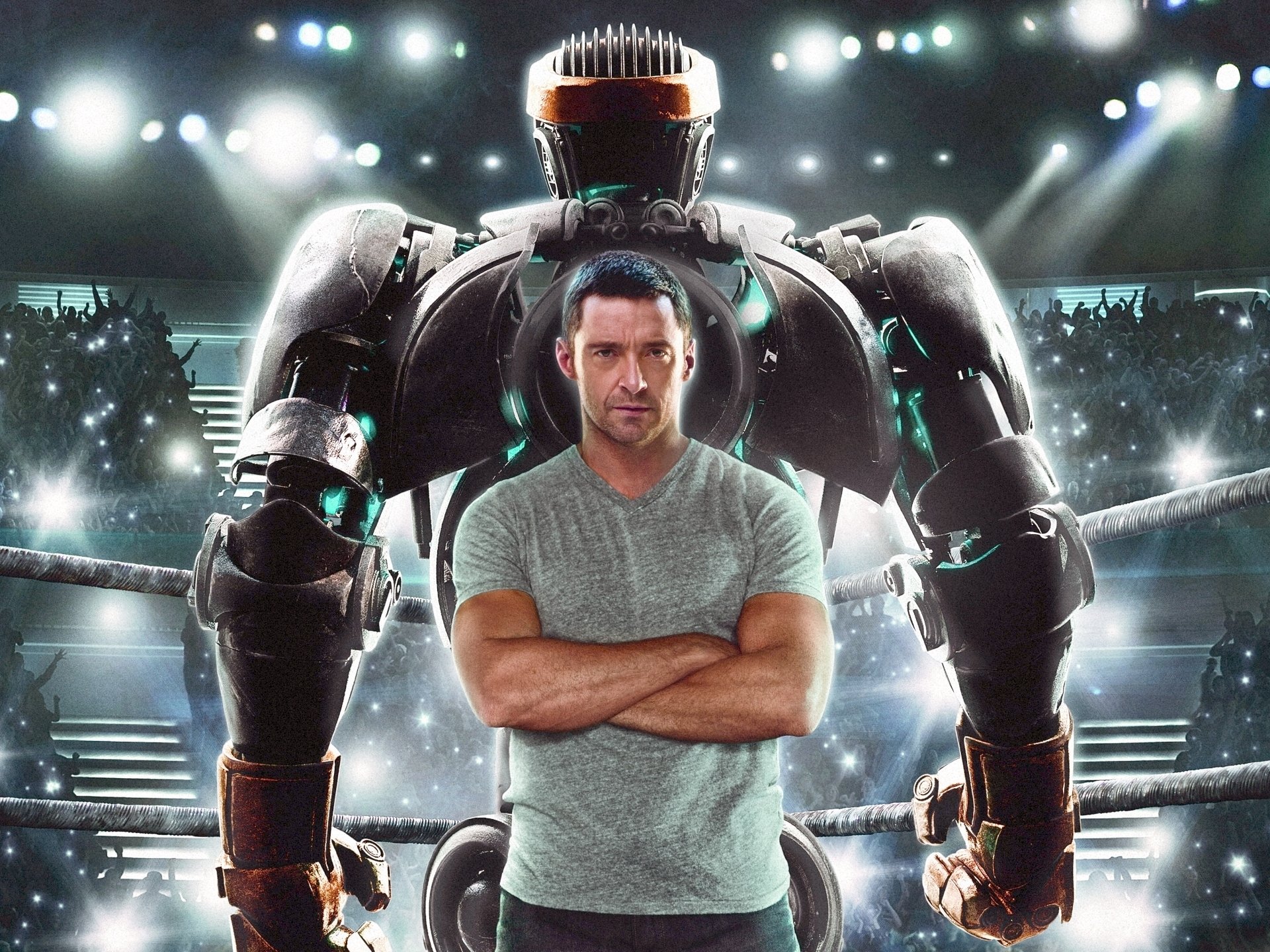 live steel real steel film cinéma robot acteurs hugh jackman ring tribunes