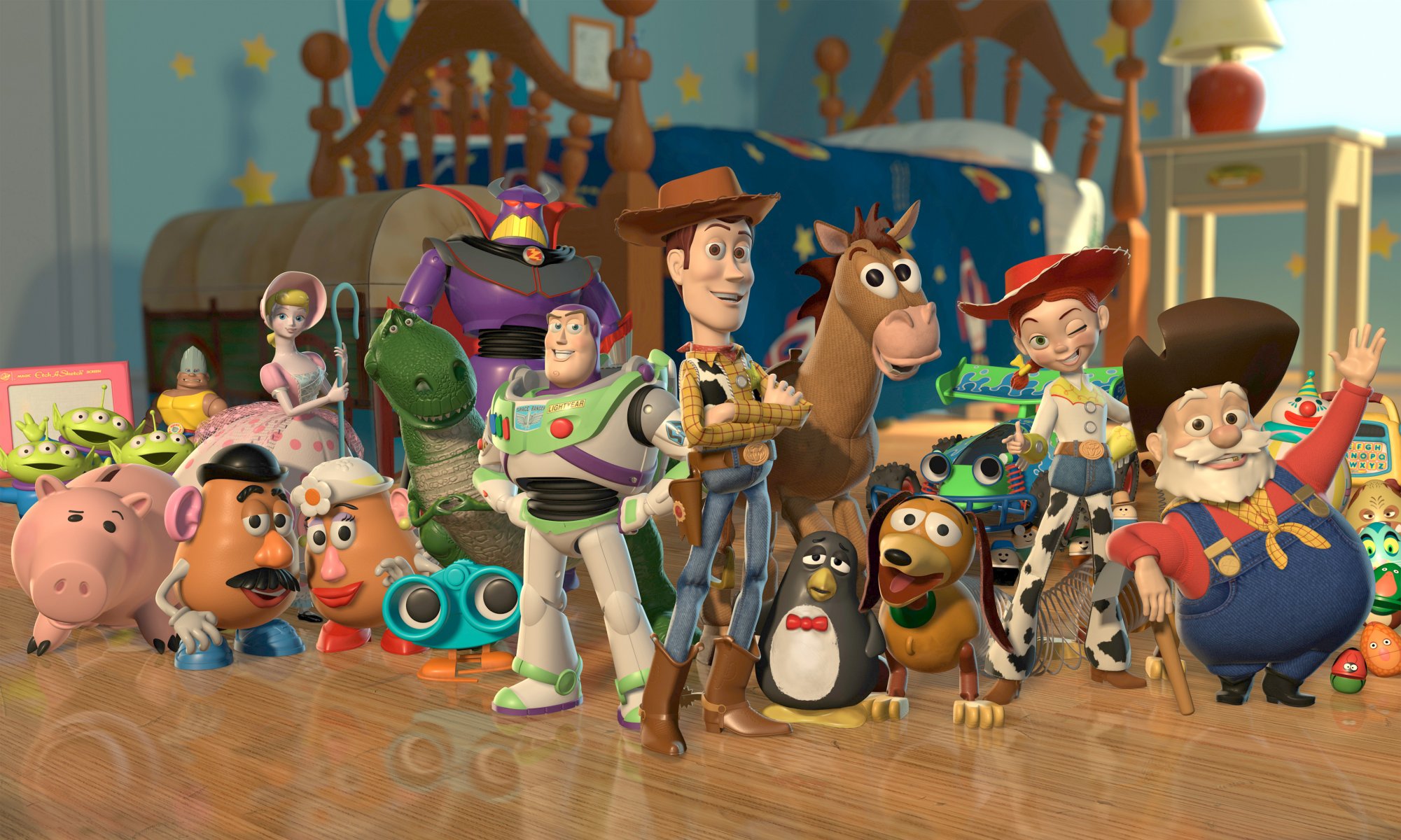 toy story toy story 2 dog spring fusilli aliens horse bulzay jesse woody cowboy potato head dinosaur rex buzz lightyear pigs piggy hamm