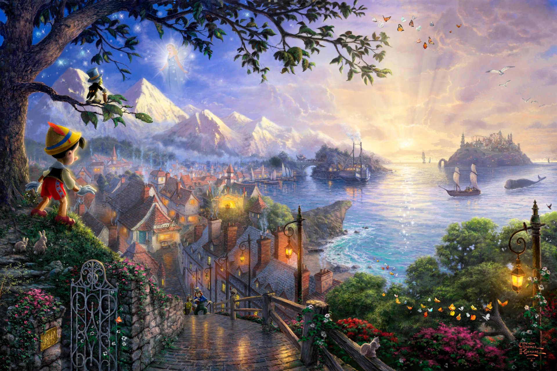 thomas kincaid pinocchio vuole su una stella collezione di sogni disney 50 ° compleanno arte castello sole ponte lanterne mare tramonto fiori fiaba fantasia pinocchio fata con i capelli blu grillo disney arte casette m