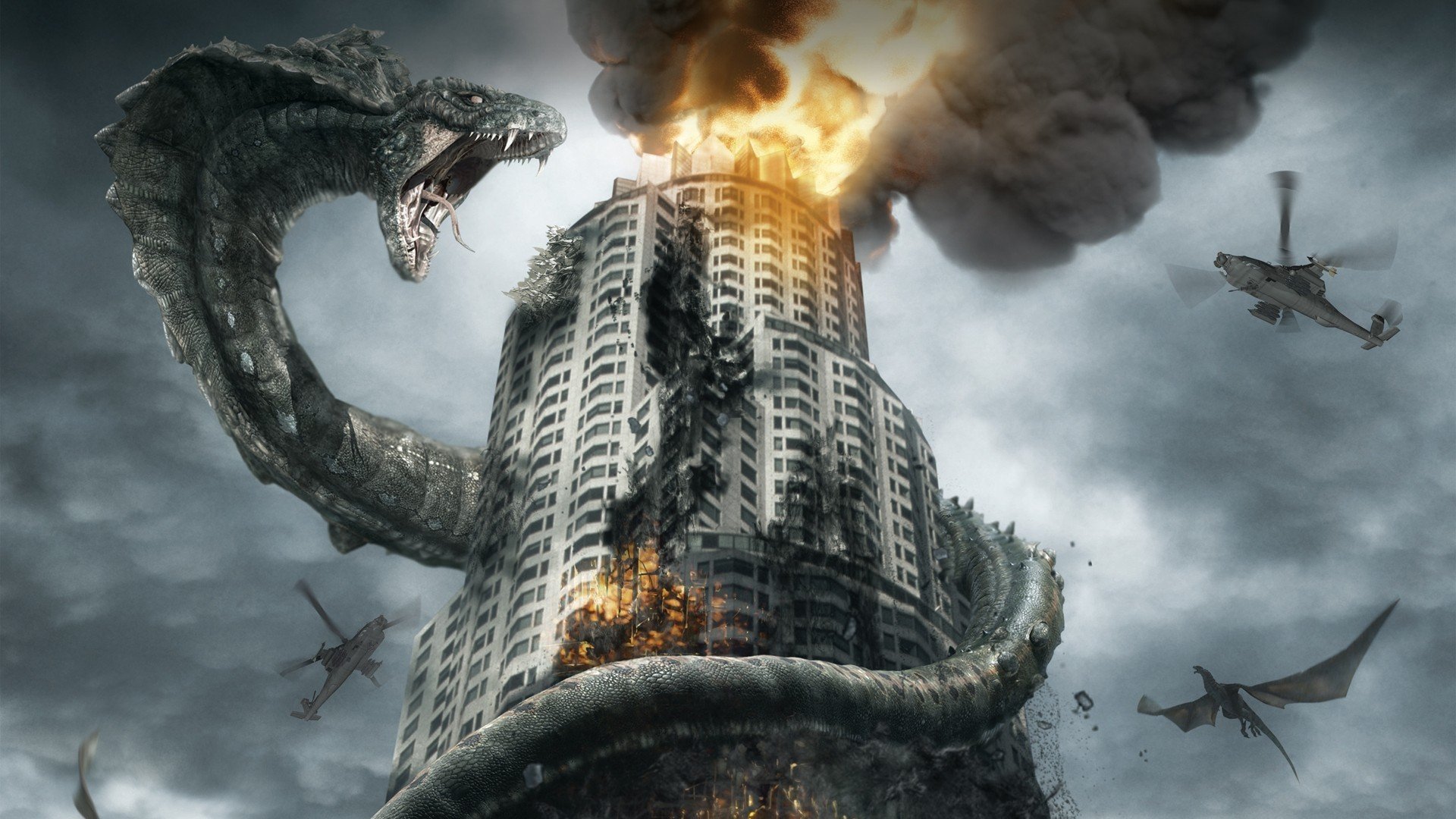 edificio serpiente gigante cobra helicópteros fuego dragón humo batalla de dragones