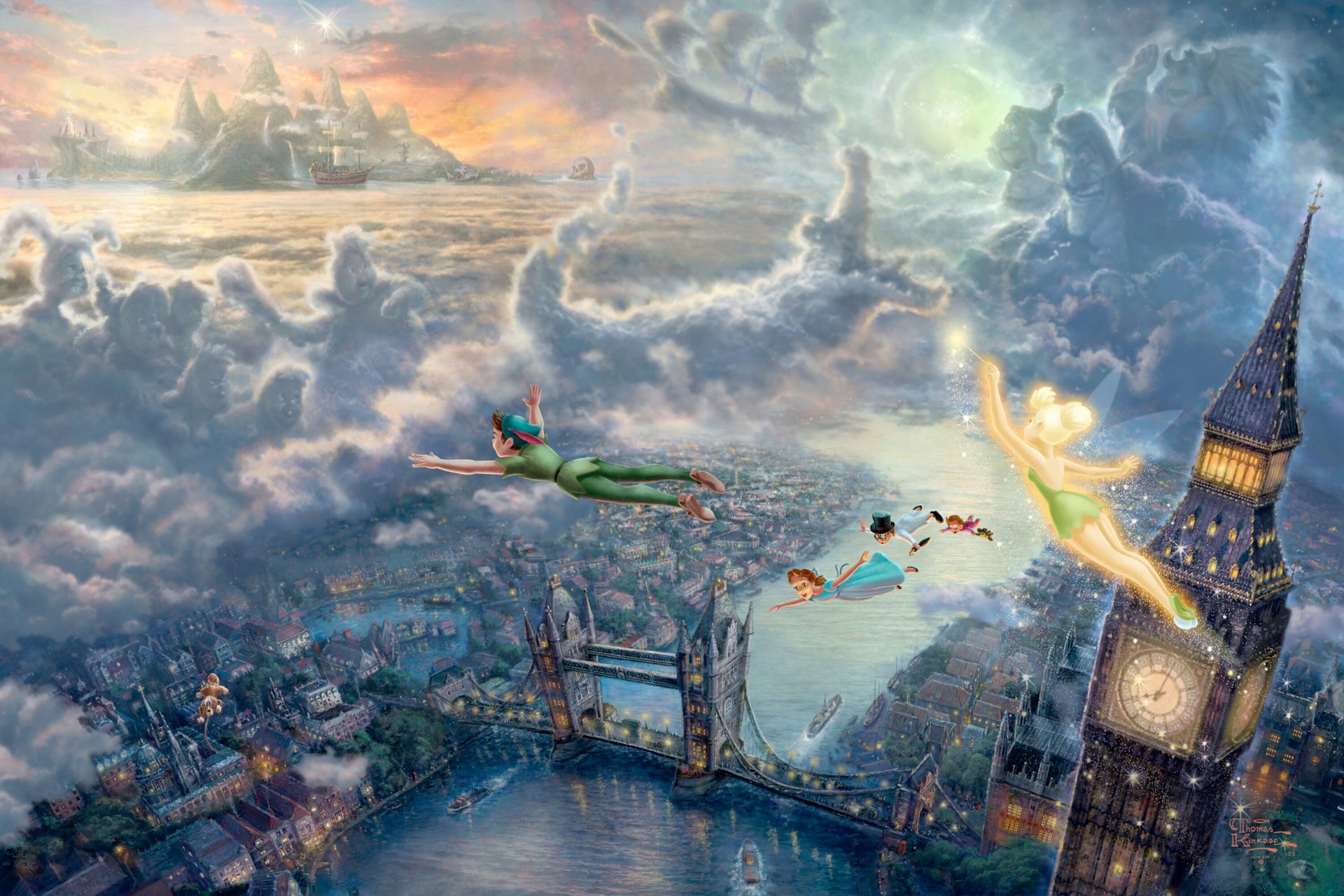 thomas kincaid tinkerbell and peter pan neverland fly in disney dreams collection 50th anniversary wendy art london big ben london bridge sunset sea clouds fairy tales fantasy disney art bridge clock peter pan tinkerbell ding