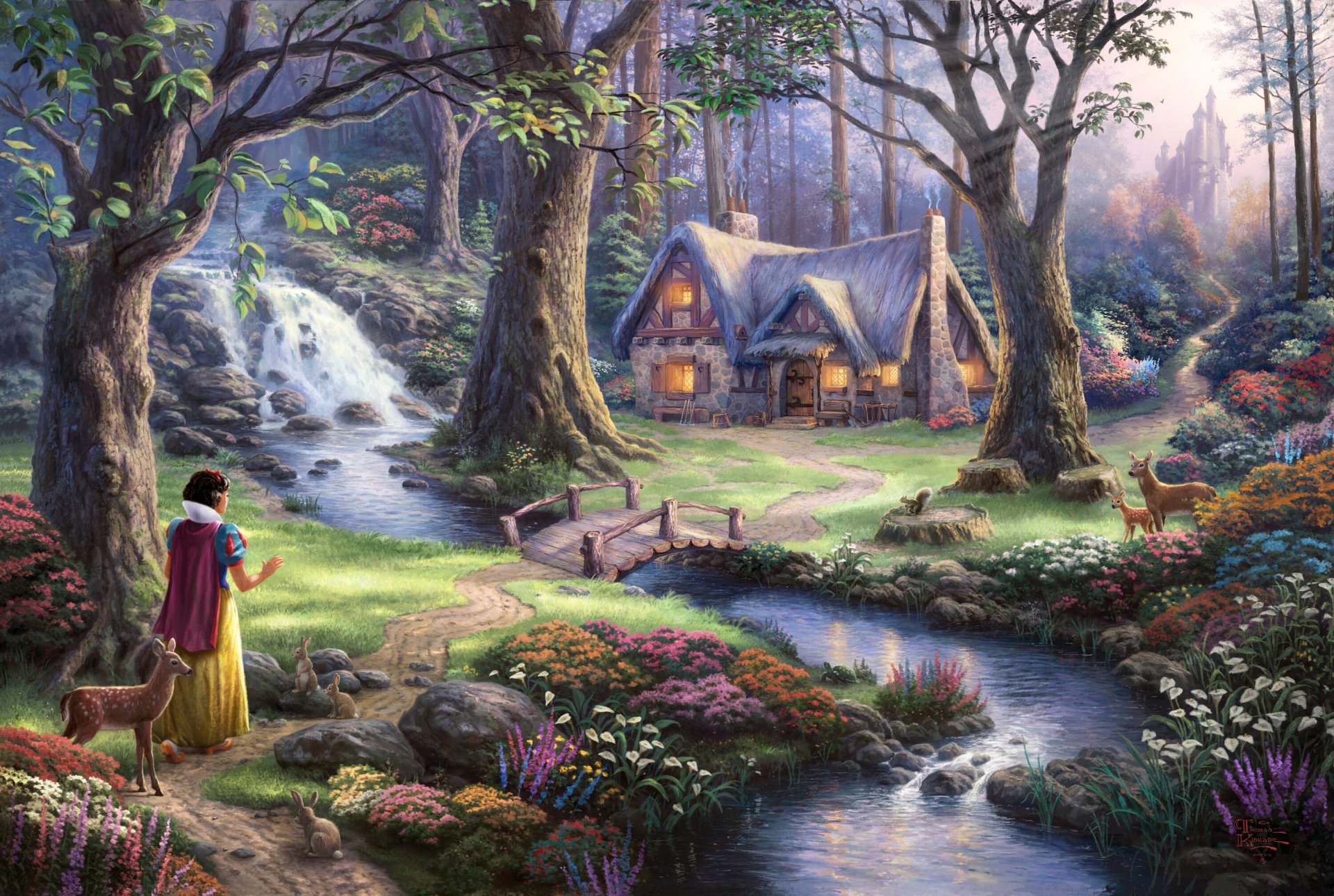 thomas kinkade blancanieves descubre la casa de campo colección de sueños de disney 50 aniversario blancanieves y los siete enanitos princesa arte castillo sol puente cascada flores cuento de hadas fantasía blancanieves y los 7 enanitos disney arte zamo