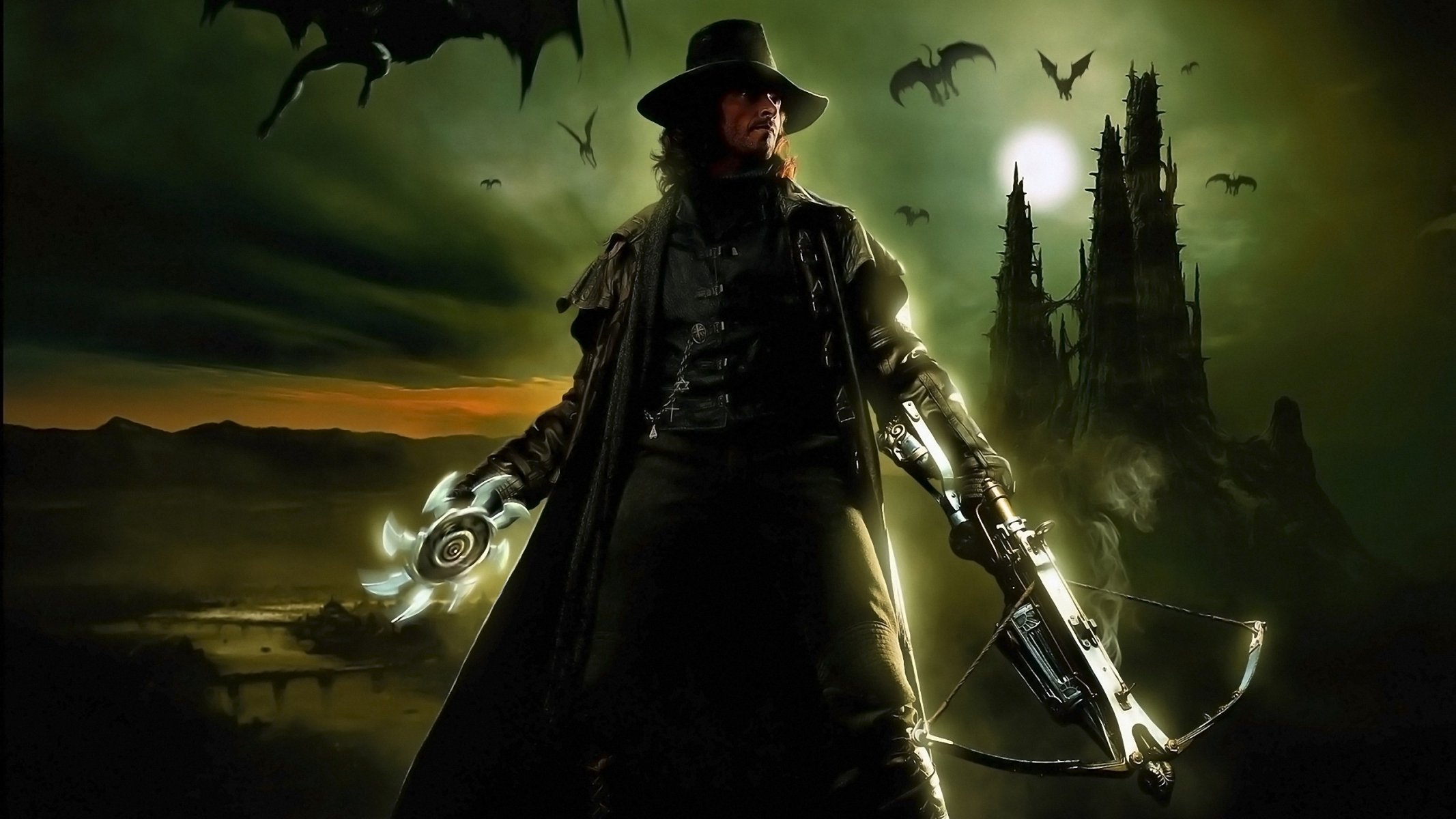 van helsing gabriel hugh jacman hugh jackman homme acteur arme arbalète couteaux circulaires chapeau vampires château de dracula nuit lune