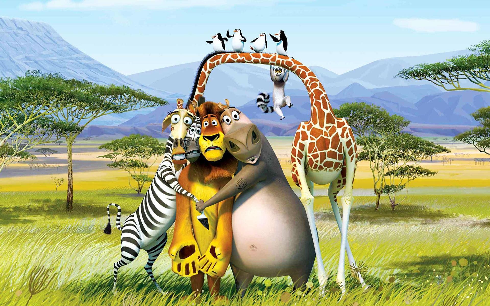 cartoon madagascar zebra leo giraffe hippopotamus melman gloria alex martin lemur king julian penguins desert tree mountain africa kavalsky rico skipper serie