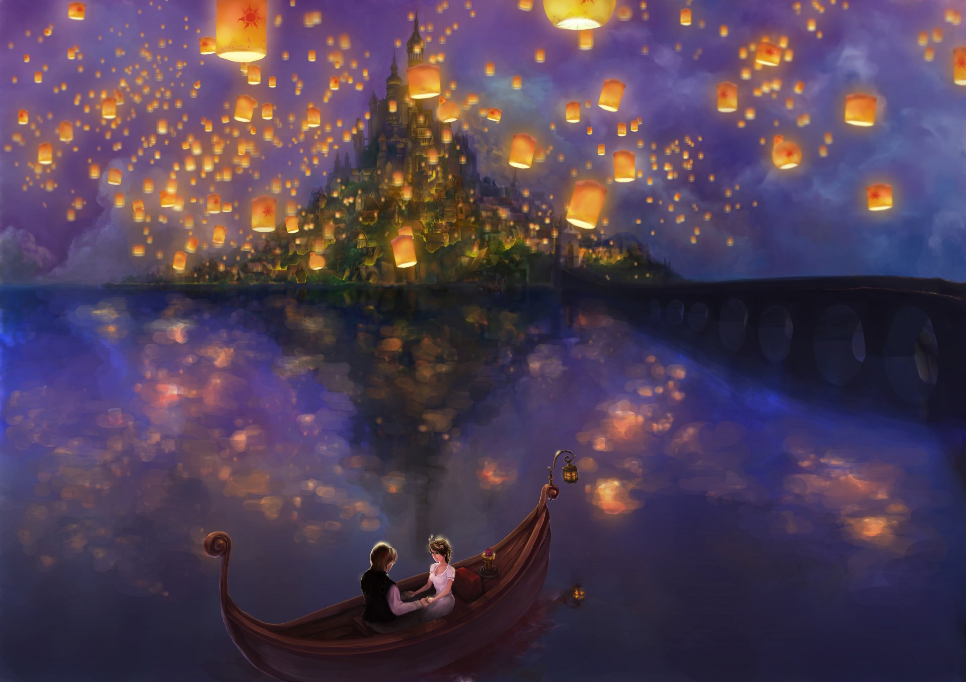 rapunzel: tangled film rapunzel principessa fanart flynn barca castello lago ponte lanterne amore fiabe pascal tangled barca coppia camaleonte palazzo isola acqua lanterne luci sk