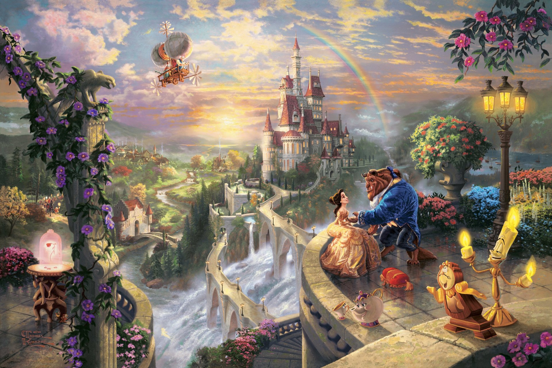 thomas kincaid la bella e la bestia innamorarsi disney dream collection 50 ° compleanno belle principe arte castello tramonto arcobaleno fiaba fantasia storia d amore cresciuto la bella e la bestia belle principe disney arte amore coppia balcone lumiere