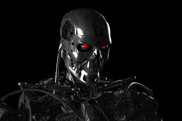 Terminator robot with red eyes