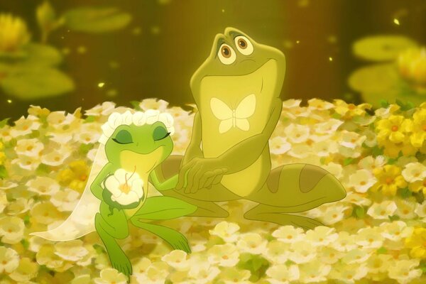 Cérémonie de mariage de deux grenouilles de dessin animé dans une clairière pleine de fleurs