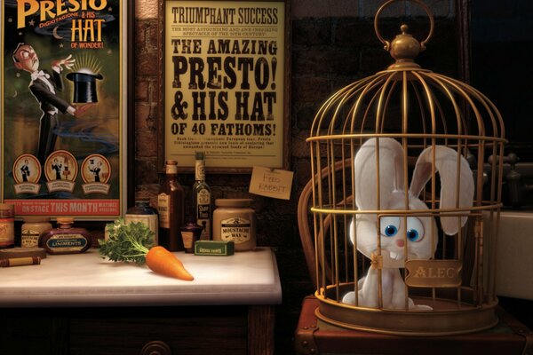 Coniglietto dei cartoni animati seduto in una gabbia in una stanza decorata con poster teatrali