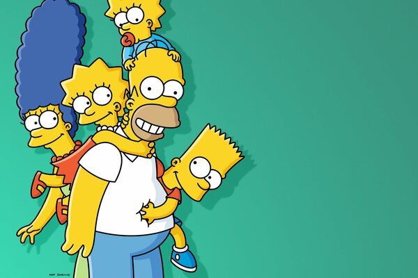 The whole Simpsons family on a blue background. Homer in the foreground