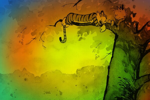 Dessin d un tigre multicolore sur un arbre