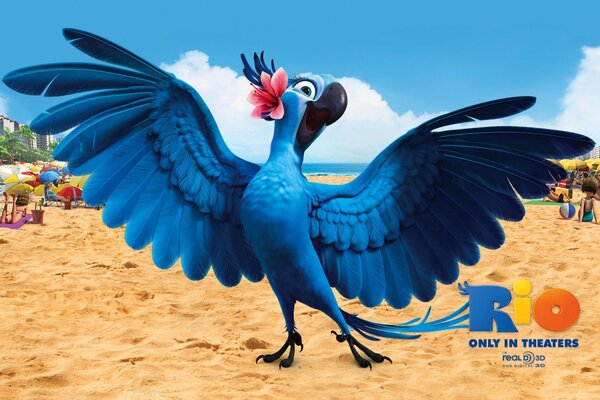 Oiseau bleu sur la plage de dessin animé