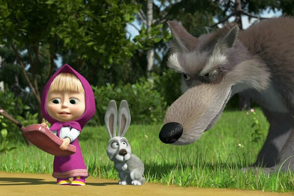 Cartoon masha and the bear masha with a wolf and a hare