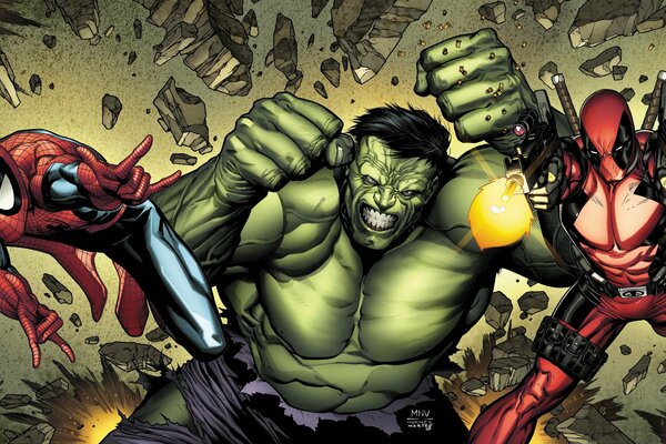 Hulk, Spider-Man und Deadpool in kriegerischen Posen