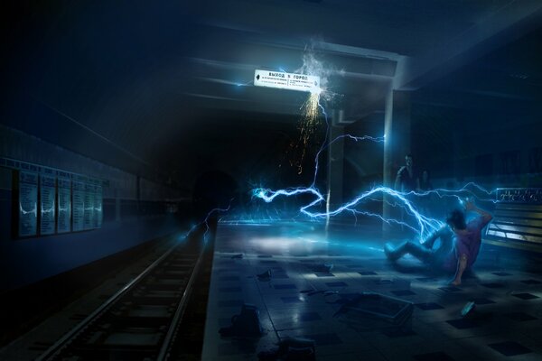 Art with a phantom and a man in the subway. An electric wave hits a person