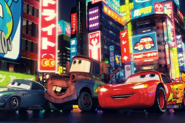 Cartoon characters Cars 2 in the night city