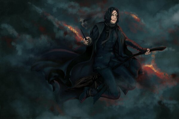 Professor Severus Snape from Harry Potter on a broom