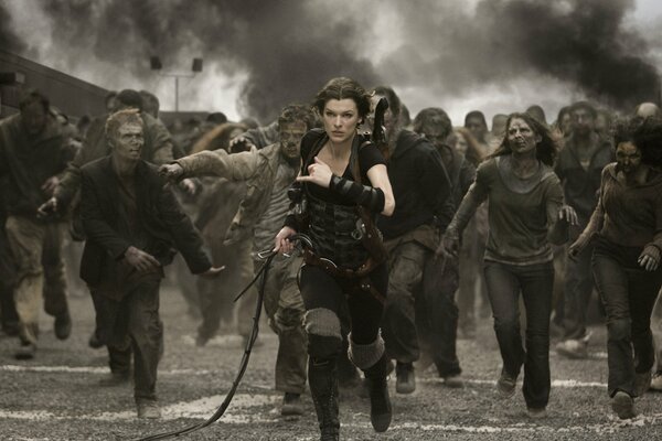 Milla Jovovich at the head of zombies