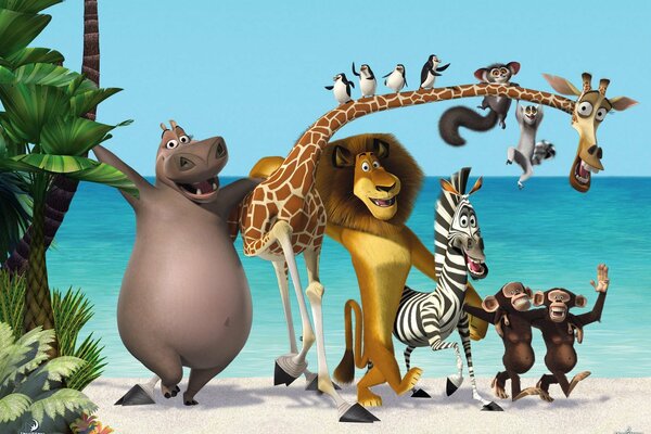 Characters from the cartoon Madagascar at sea