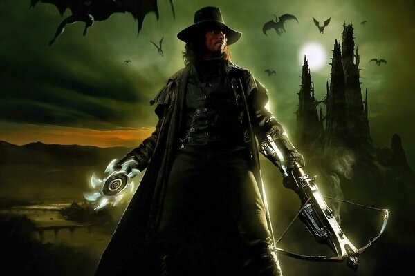 Van Helsing sur le fond du château de Dracula