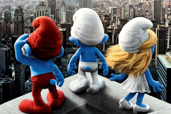 Three Smurfs look at the city