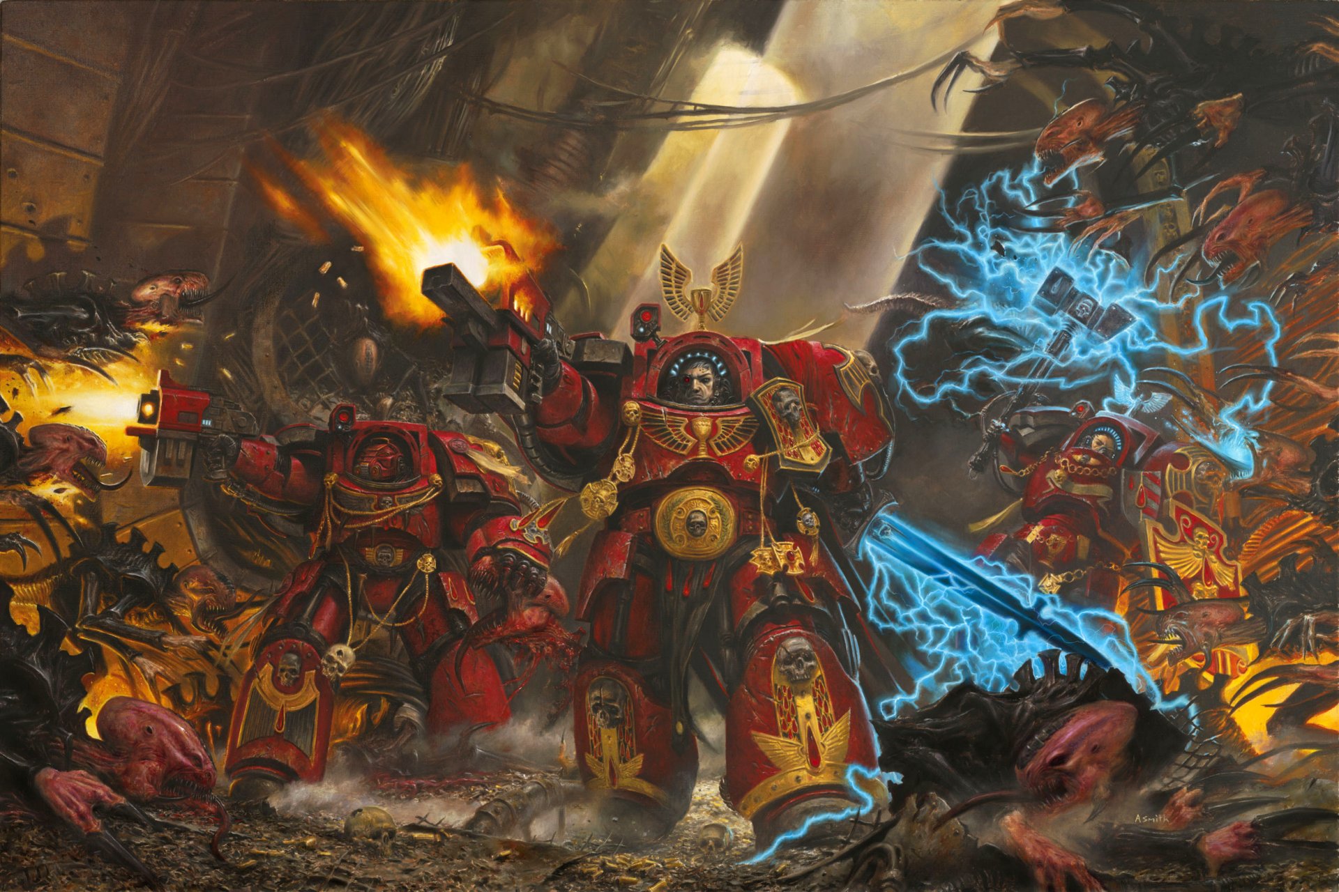 adrian smith spacehulk warhammer 40k nave espacial sangrienta ángeles sangre armadura terminadores tiránidos genocrades bolter espada de energía martillo escudo