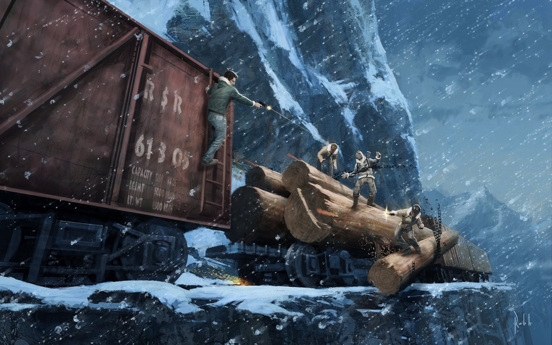 uncharted 2 chasse montagnes train chemin de fer route neige hiver fusillade