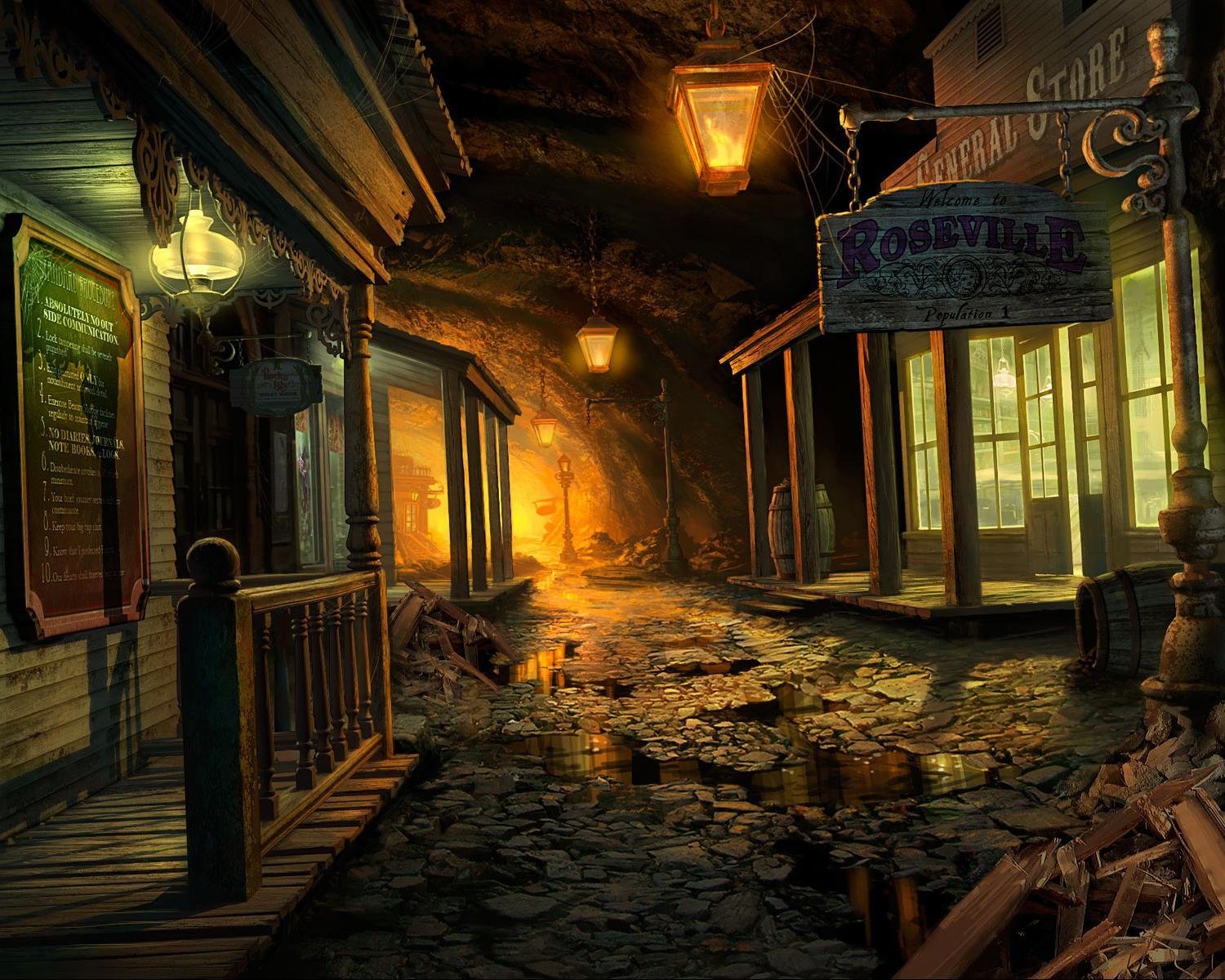 mystery case files retour à ravenhearst grotte rue bâtiments flaques d eau lanternes