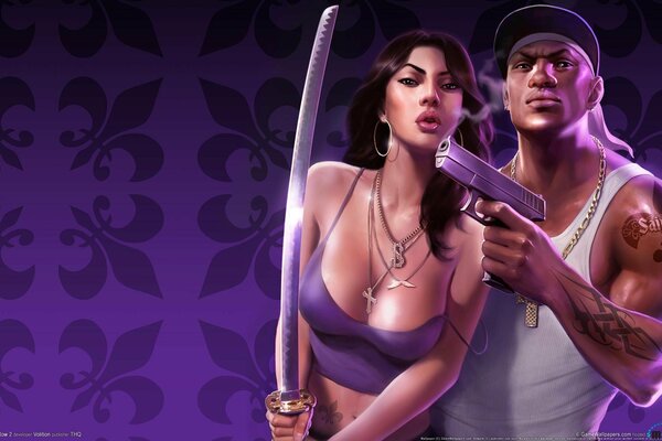 A beautiful couple with a gun on a purple background