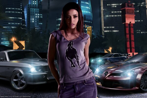 A girl against the background of cars from the game thirst for speed