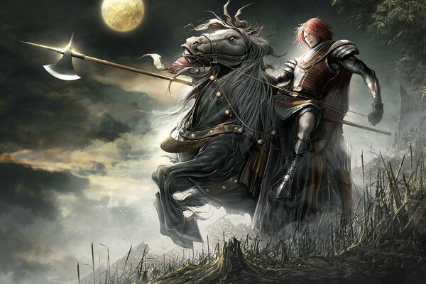 Knight on a horse on the background of a full moon