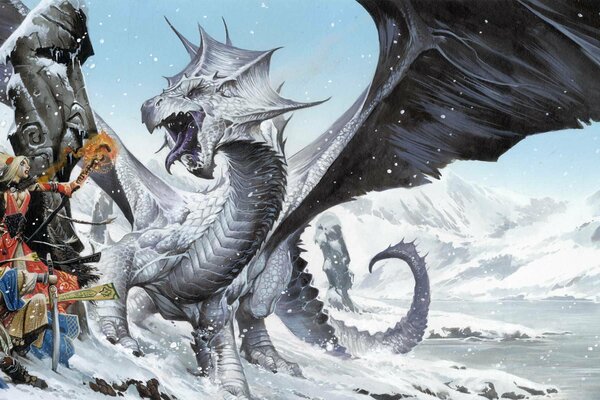 A dragon defeating warriors on a snowy field