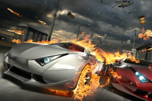 Cars are on fire during a big race