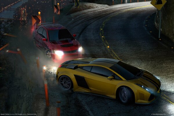 Illustration of a red and yellow car accident at night