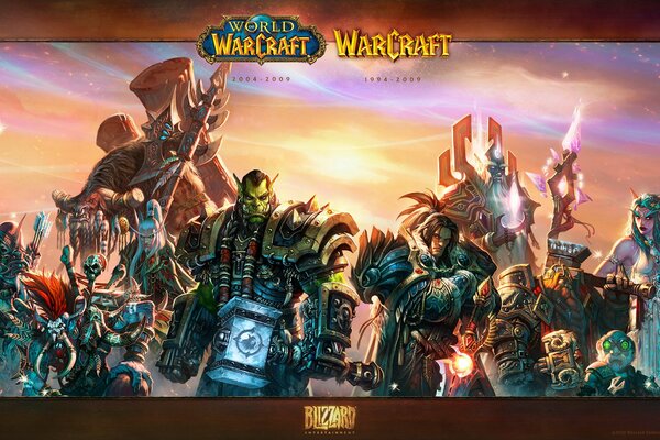 Światwarcraft, orkowie, ludzie, krasnoludy, elfy na tle rozgwieżdżonego nieba