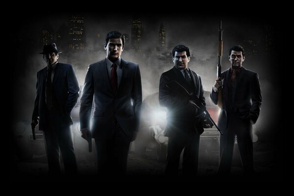 Jeu mafia 2 jeu de couverture avec des gangsters dans la ville du soir