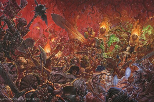 Art from the world of Warhammer. The battle of demons, soldiers, impious, heretics