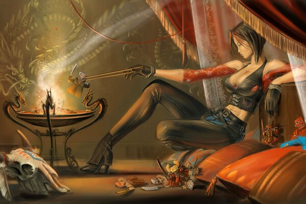 Charming cyberpunk witch brews a potion