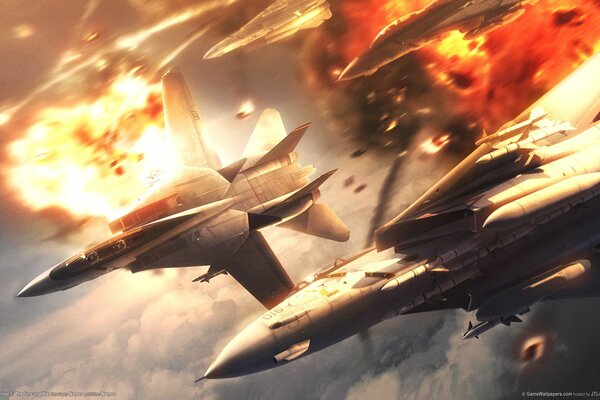 Planes from the game against the background of explosions