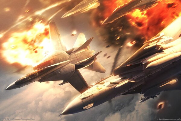 Самолеты из игры на фоне взрывов