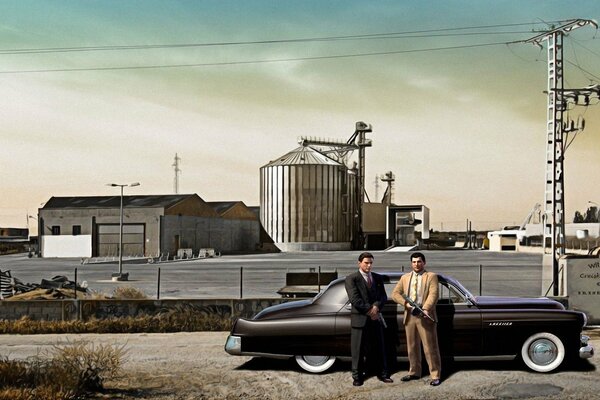 Two gangsters on the background of a retro car on the background of a factory