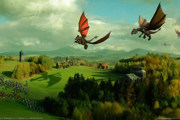 Several dragons are flying over the village