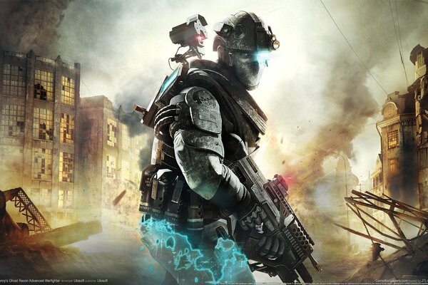 Soldato da un gioco per computer sullo sfondo di una città in rovina