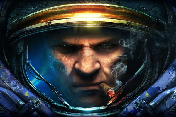 StarCraft, uomo con sigaretta tra i denti in tuta spaziale su sfondo nero