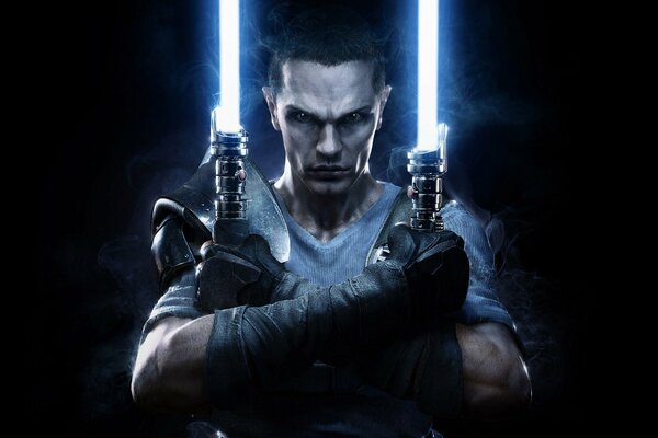 Star Wars, a warrior with lightsabers in his hands, ready for battle, on a black background