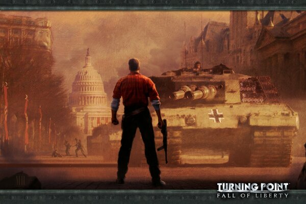 A tank rides through the city on a man with a machine gun